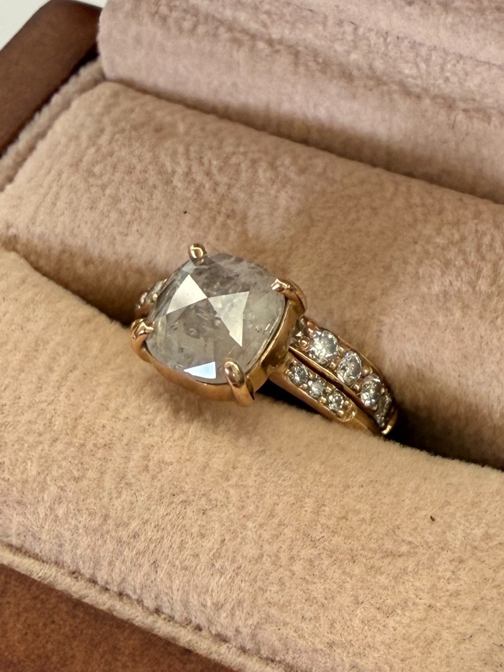 14k Real Gold Cushion Solitaire Rustic Diamond Ring with Pavé Accent Band